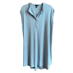 Eileen Fisher Stretch Jersey Henley Shift Dress Mandarin Collar Made in USA